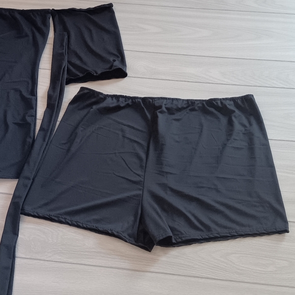 Women One-Shoulder Solid Color Straps Comfortable Elastic Shorts Two-Pieces - Picture 7 of 14